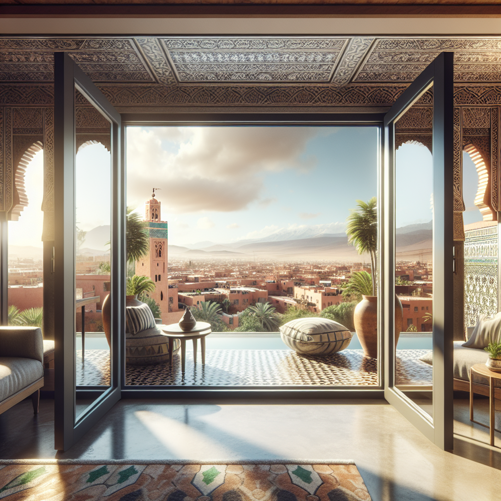 View of Marrakech city from a traditional balcony highlighting the blend of modern double-glazed PVC windows and Moroccan arc