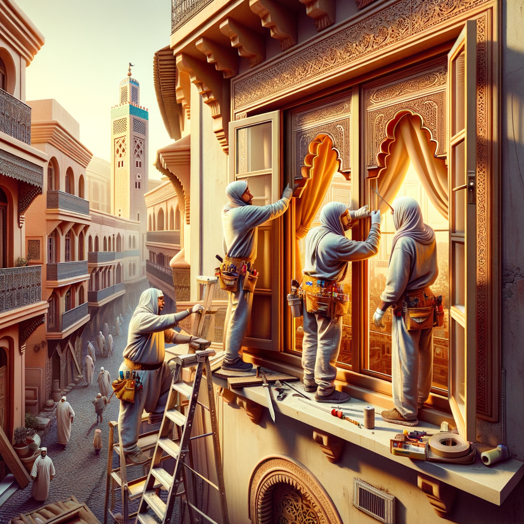 Craftsmen installing ornate wooden double doors on a traditional Marrakech building facade.