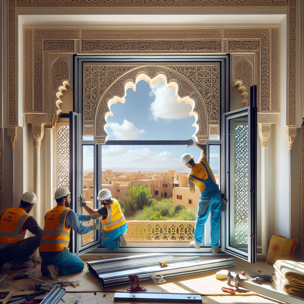 Construction workers installing a large decorative PVC double glazing window in a traditional building in Meknès.