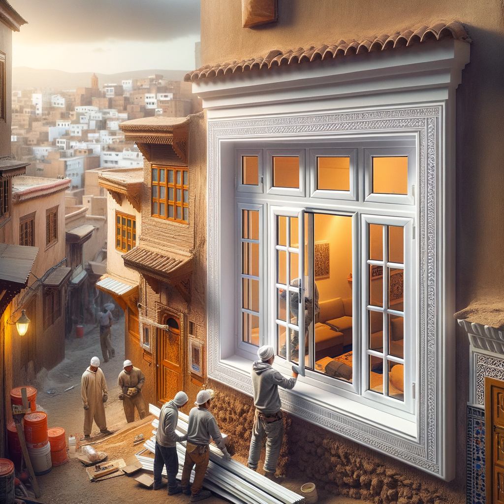 Artisans install PVC double glazing windows on ornate frames in a traditional Meknès street at sunset.