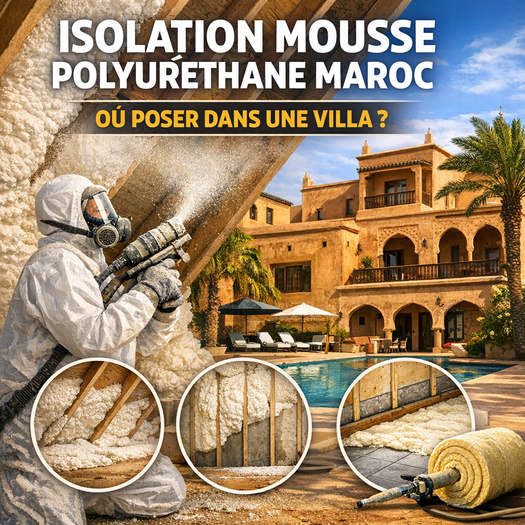 Application of polyurethane foam insulation on ceiling and walls inside a luxury villa in Morocco for thermal comfort.