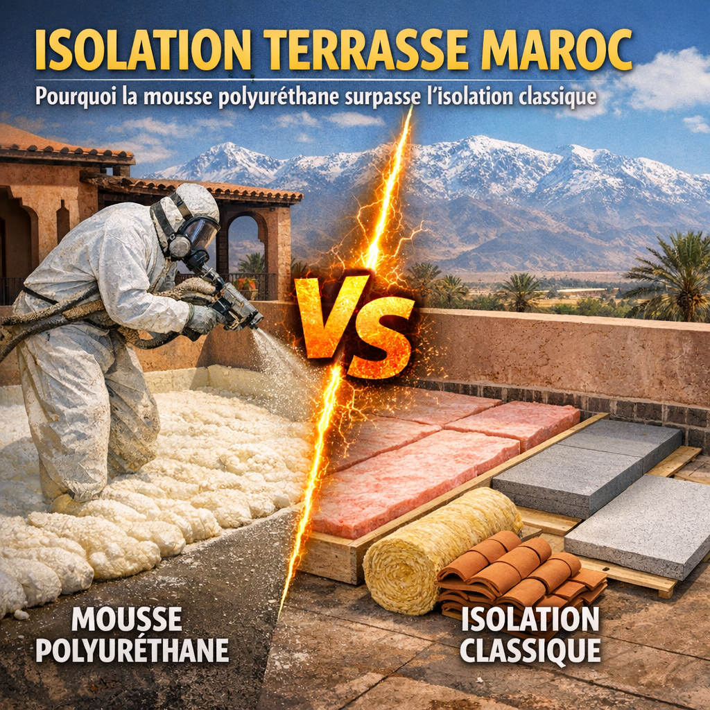 Diagram comparing polyurethane foam insulation and traditional insulation on a Moroccan terrace, highlighting superior heat p