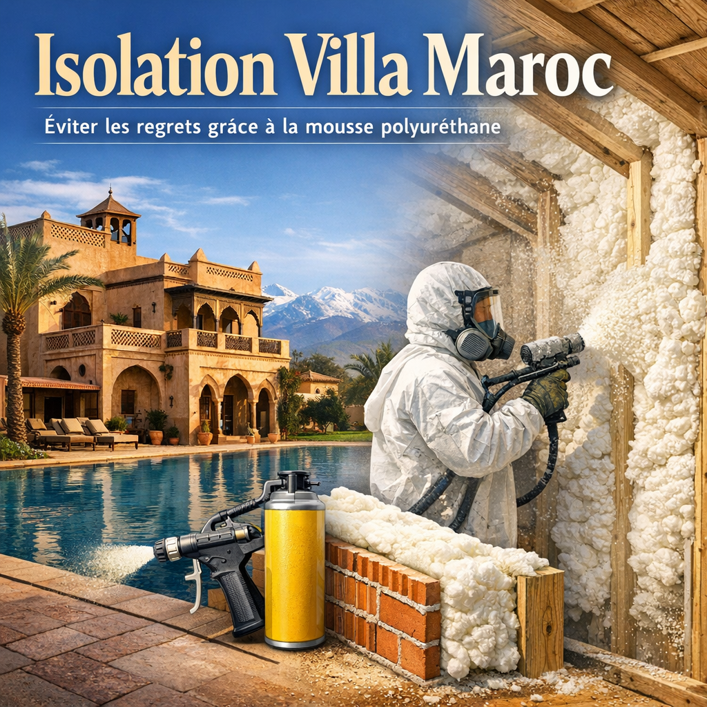 Technician applying polyurethane foam insulation on villa walls in Morocco to improve energy efficiency and comfort.