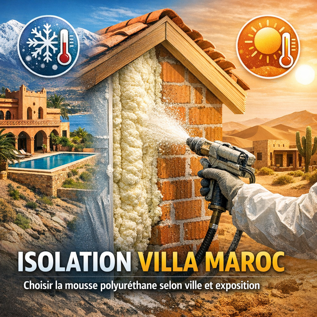 Villa in Morocco with polyurethane foam insulation icons showing climate zones and sun exposure directions.