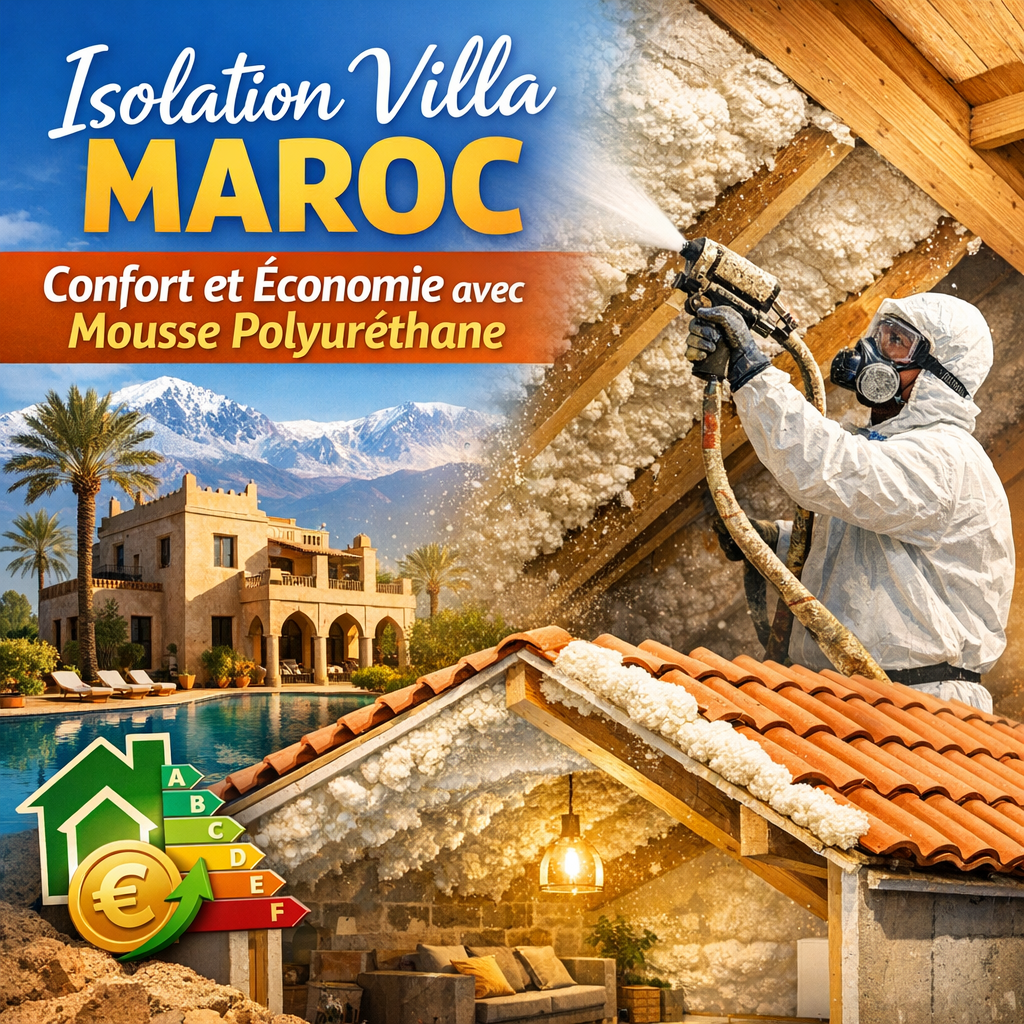 Worker spraying polyurethane foam insulation on villa walls in Morocco for improved comfort and energy savings.
