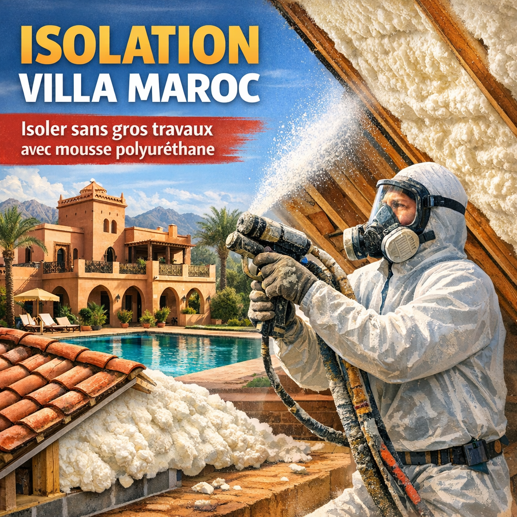 Professional application of polyurethane foam insulation on a villa roof in Morocco, enhancing thermal comfort without major