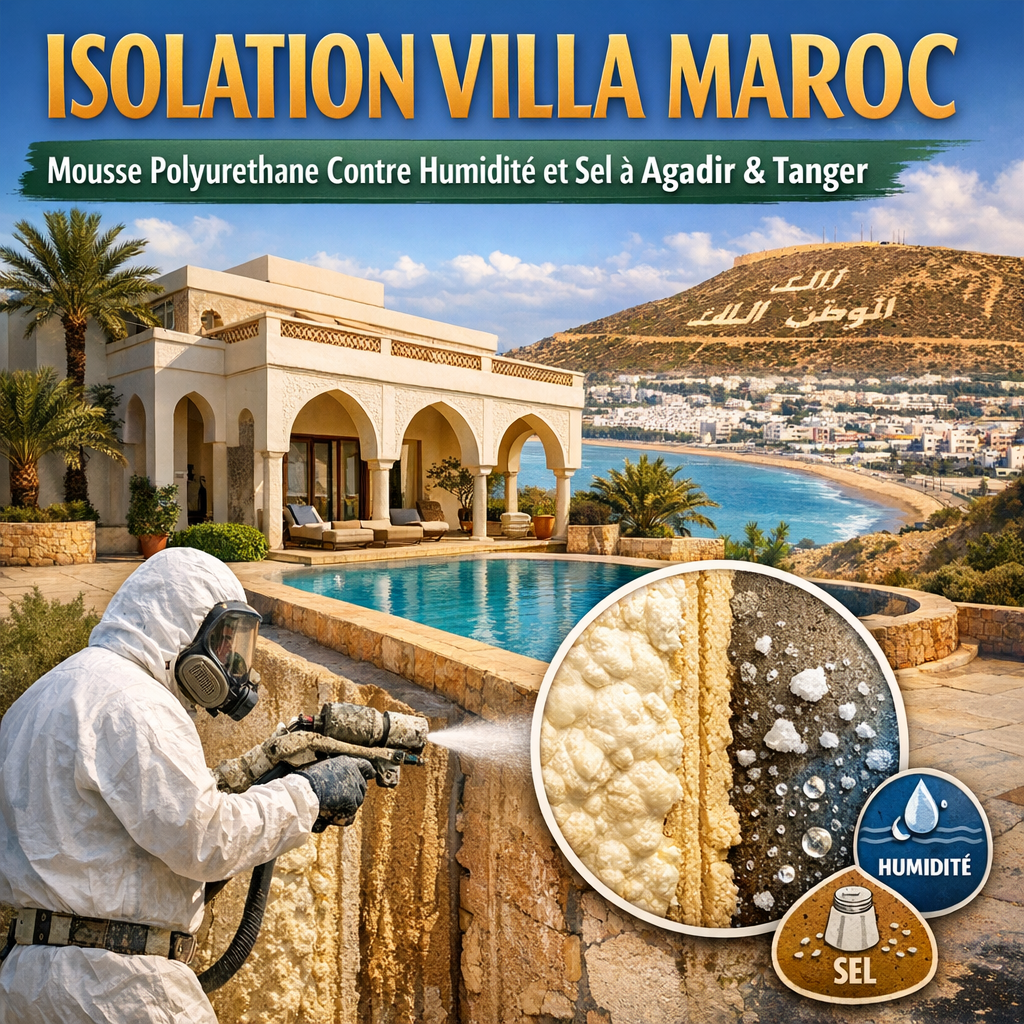 Villa by the Moroccan coast insulated with polyurethane foam to protect against humidity, salt, and temperature changes.