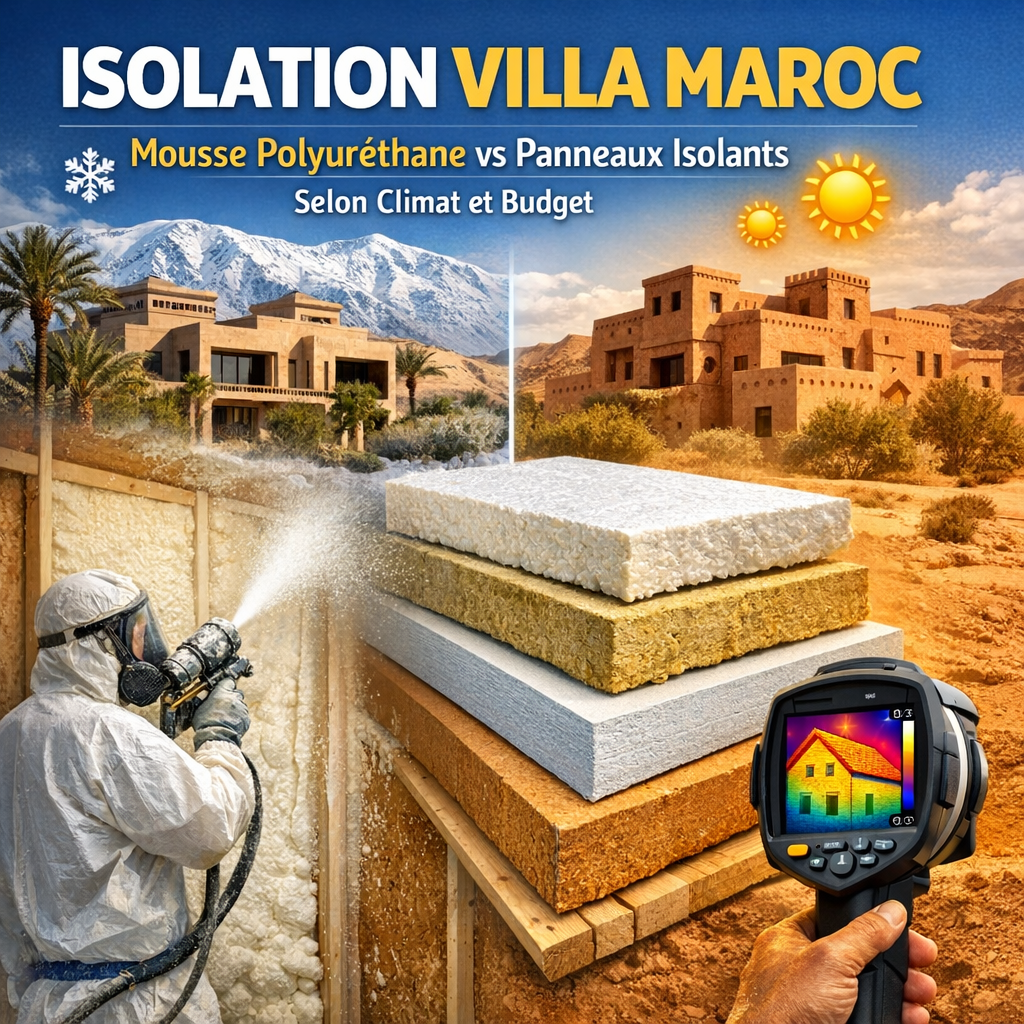 Comparison chart showing polyurethane foam vs insulating panels for villa insulation in Morocco by climate and budget.