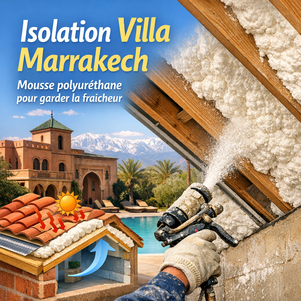 Technician applying polyurethane foam insulation on a villa roof in Marrakech to keep the interior cool.